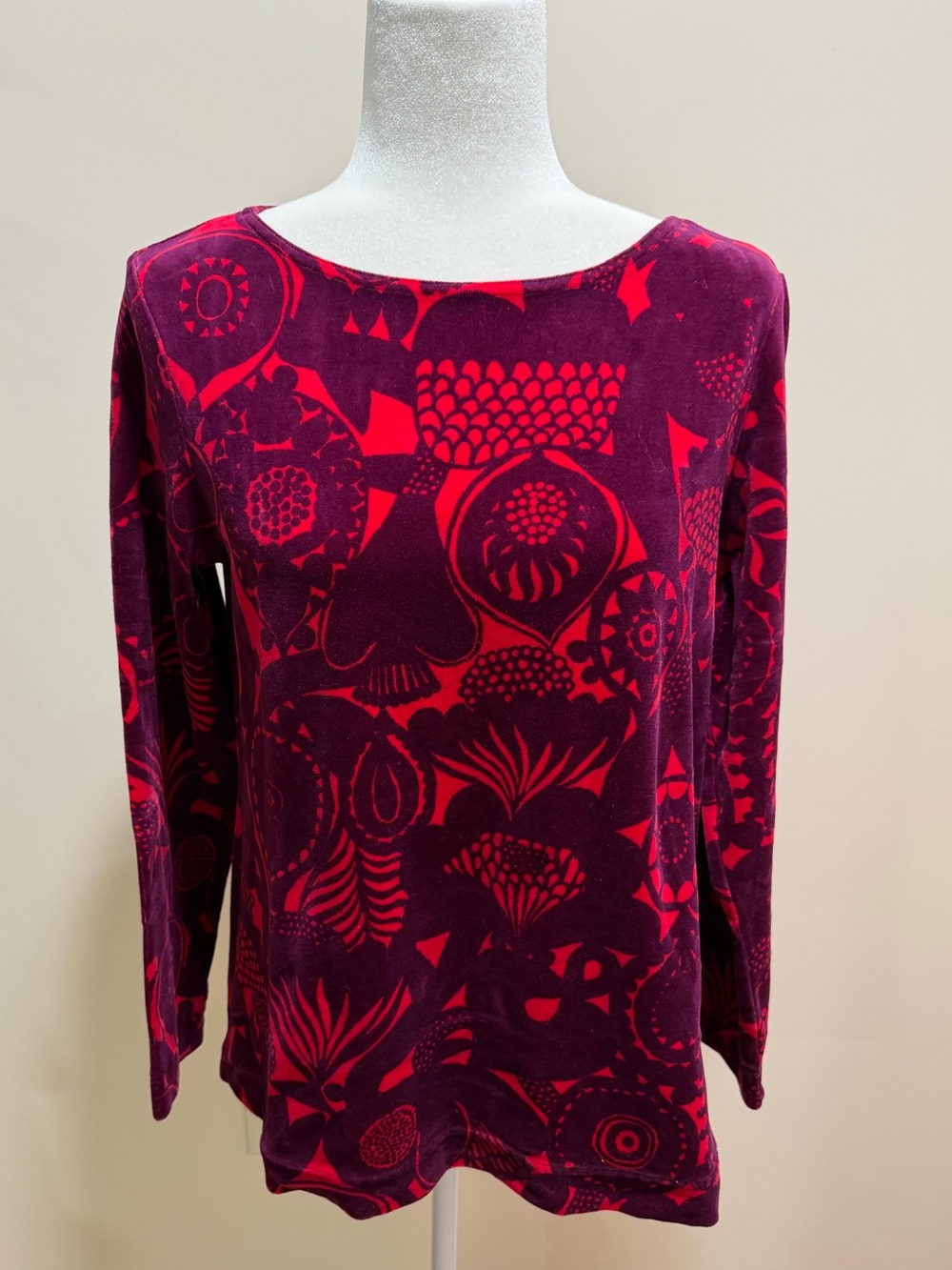 Marimekko Cotton Blend Soft Velvet Purple Red Long Sleeve Pippuri Top Sz. S